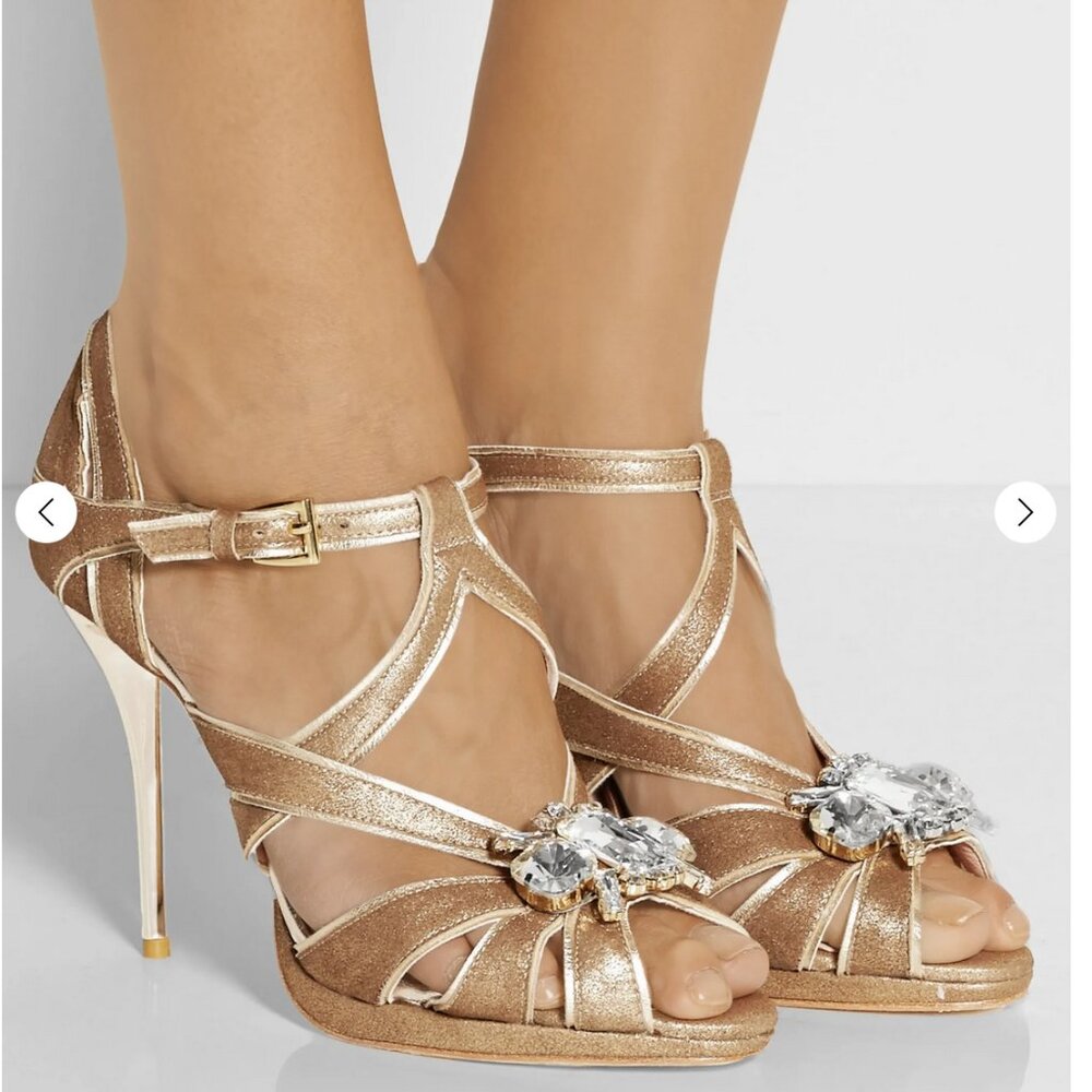 LUCY CHOI Brown / Gold Shimmer Suede Crystal Jewel Silver High-Heel Sandal